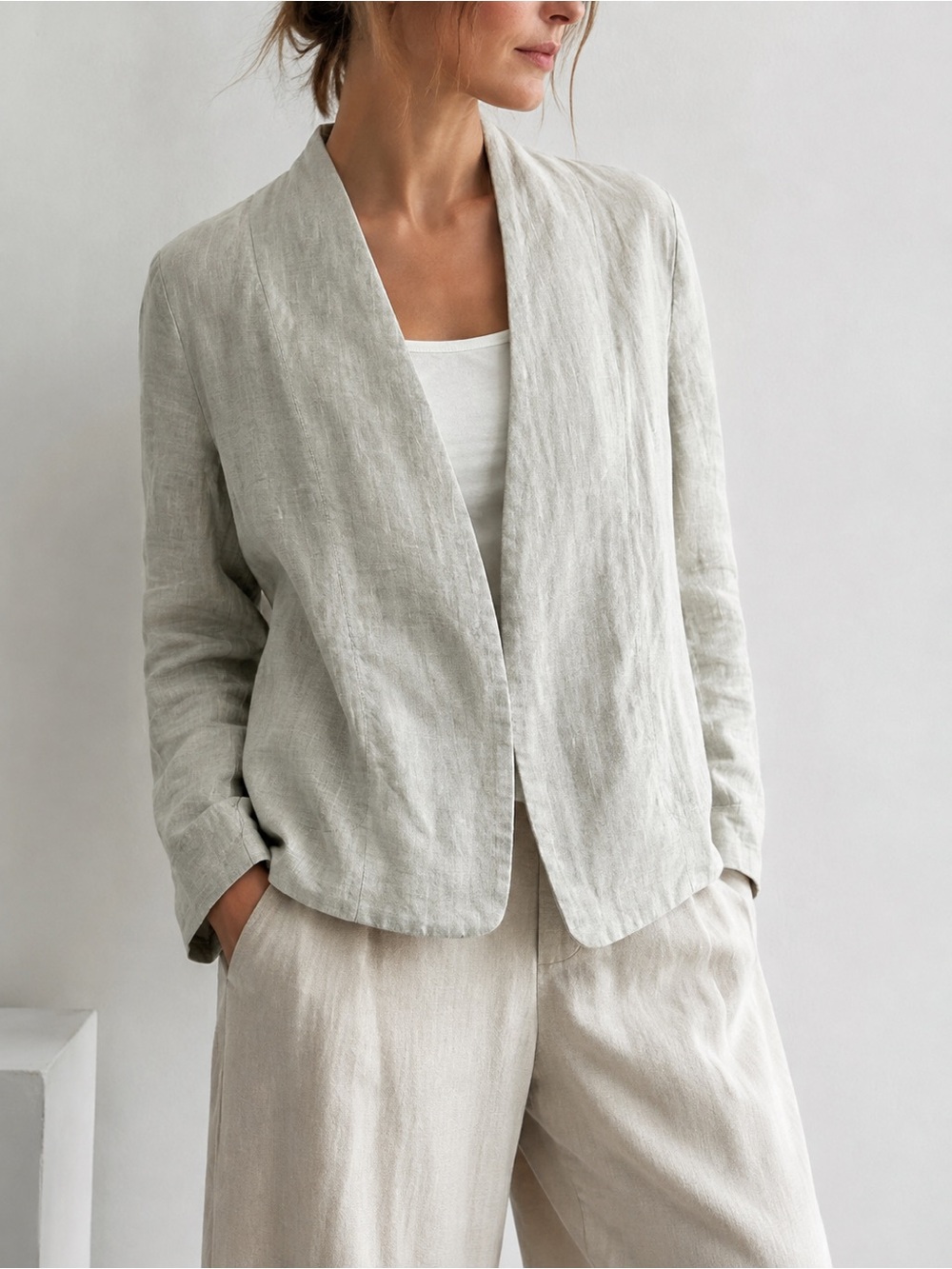 GRAND Ivory 100% Linen Open Front Blazer Jacket US M